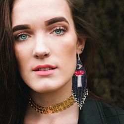 goth fringe statement earrings mushroom earrings fringe earrings gift cottagecore jewelry dangle earrings moon earrings