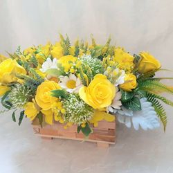 Yellow Floral Centerpiece, Roses and daisies arrangement, Faux flower centerpiece, Artificial flowers arrangement, Decor