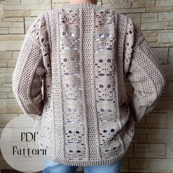 Crochet pattern, Crochet cardigan with skulls, Oversized cardigan, Loose crochet cardigan, Crochet pattern easy
