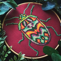 Green Neon Bug Cross Stitch Pattern PDF Abstract Insect Embroidery Design Colorful Geometric Beetle DIY Instant Download
