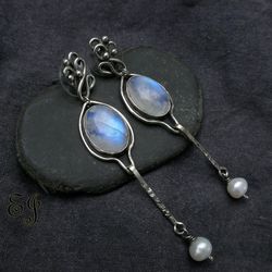 Earrings with moonstone and pearls, handmade, wire wrap.