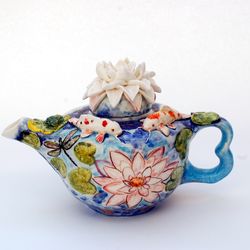 blue art teapot koi fish decor beautiful handmade porcelain teapot water lily, frog figurine ,fish pond, dragonflies