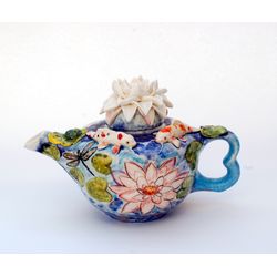 Blue art teapot Koi Fish decor Beautiful handmade porcelain teapot Water lily, Frog figurine ,Fish pond, dragonflies