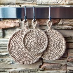 Crochet jute round coasters, Rustic stand hot, Eco friendly coasters, Set of 3 coasters