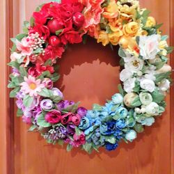 Rainbow flower door wreath, Summer wreath, Rainbow flower wreath, Faux Flower door hanger,  Artificial flower wreath