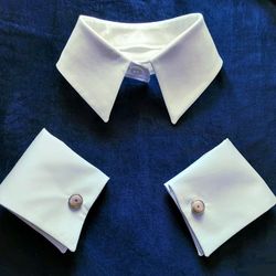 White collar and wrist cuffs set, Handmade detachable removable fake false dickey collar lbd cufflink accessory playmate