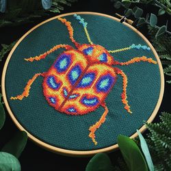 Neon Orange Beetle Cross Stitch Pattern PDF Colorful Abstract Bug Embroidery Chart Insects Cross Stitch Instant Download
