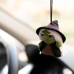 Stuffed Witch car hanging, Halloween car decor, car accessory for women, rear view mirror charm, creepy cute car pendant