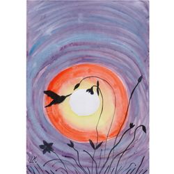 Original Painting Hummingbird Art Bird Silhouette Artwork Sunset Small Artwork