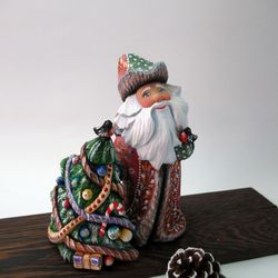 Wooden painted Russian Santa with a Christmas tree, 6.7 inches tall. hand carved wooden Santa