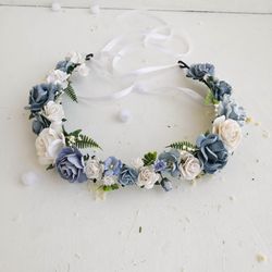 Flower crown, Dusty blue and white flower crown, Flower girl crown, Flower headpiece, Wedding flower crown, Bridesmaids