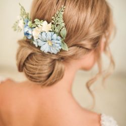 Blue hair comb, Floral headpiece, Blue flower comb, Wedding hair piece, Bridesmaid comb, Bridal hair comb, Wedding hair