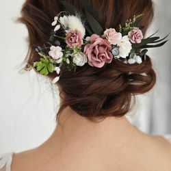 Floral comb Dusty Rose, Wedding flower hair clip, Flower Hair comb, Bridal hair piece