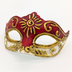 Red masquerade mask women to cosplay costume of Marie antoinette style design. Gold venetian mask to masquerade costume.