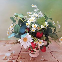 Artificial flower arrangement with daisies and strawberries,  Faux strawberries centerpiece, Summer table decor