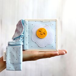 baby boy and girl blue felt activity book with fried egg, montessori quiet busy book, soft book for toddler, sensory toy