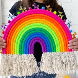 Large neon wall decoration, Dog lover gift, Funny tapestry, Unique wall art, Large macrame rainbow