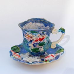 Koi Fish Cup and saucer Beautiful handmade porcelain tea set Blue mug