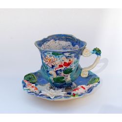 Koi Fish Cup and saucer Beautiful handmade porcelain tea set Blue mug