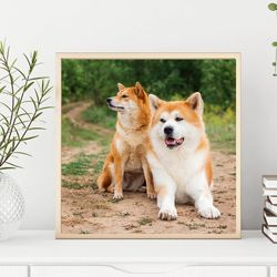 Japanese dogs Akita Inu and Shiba Inu on a rural road. Wall art, dogs photography print, Digital download. #01 +Bonus!