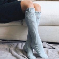 Knee High Pointelle Ribbed Socks in Grey