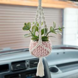 Mini Macrame Plant Hanger for Car Mirror Hanging Accessories with Faux Plant Rearview Car Mirror Charm Small Plant Hange