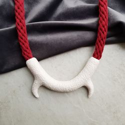 Statement white and wine red necklace, horns neckace