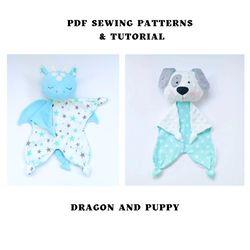 set of patterns 2 in 1 dragon and puppy baby lovey, baby comforter pattern