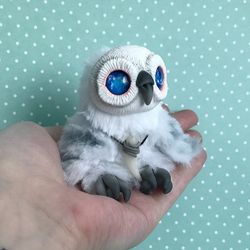 White owl ART doll with galaxy eyes Little plush owl interior toy OOAK owl fantasy animal doll