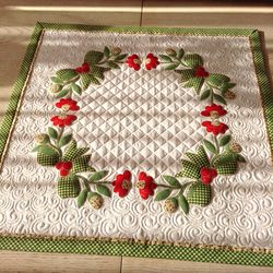 Spring topper on the table with flowers, Easter topper, quilted table runner