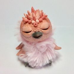 Little pink bird collection doll. Art animal toy Cute miniature bird. Fantasy creature clay sculpture.