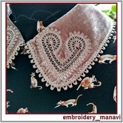 In The Hoop embroidery design collar with lace and FSL elements