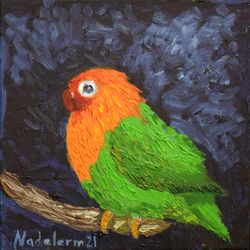 Bird Art Parrot Lovebird Original Hand Made Oil Painting Canvas Panel Artwork 6x6 by NadyaLerm