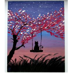 Original Painting Cat On The Swing Art Night Sky Landscape Art Cat Lover Art Pet lLover Artwork