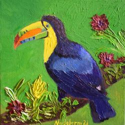 Bird Art Toucan Original Oil Hand Made Painting Canvas Panel Artwork 8x8 by NadyaLerm
