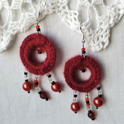 Dangle hoop earrings, Boho pendant earrings, Ethnic earrings, Silver hook earrings, Long beaded earrings