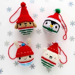 Crochet Pattern Christmas Ornament amigurumi set 4 in 1 Cat. Dog. Bunny. Penguin. PDF Instant Download