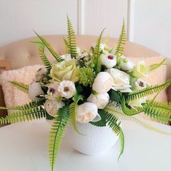 Silk flower centerpiece, White and Green faux Floral Centerpiece, Artificial Flower Table décor, White flowers decor