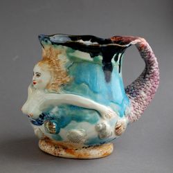ceramics art mug mermaid figurine blue porcelain mug vase with handle big mug nude woman, sculpture mug surprise cup