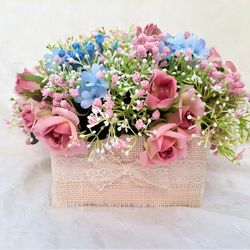 Silk Floral arrangement, Arrangement of roses and baby's breath, Nursery decor, Girl's room decor, Pink and blue decor
