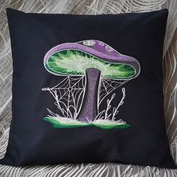 Mushroom throw pillow cover, Embroidered black mushroom cushion, Mushroom pillowcase, Cottagecore pillow 16x16 inches