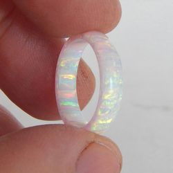 White opal ring. White wedding ring. Synthetic opal ring.