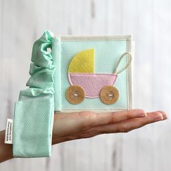 Baby girl mint activity book with stroller, Montessori quiet busy book, Felt soft book for toddler, Sensory baby toy