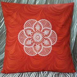 Embroidered burnt orange pillow cover, Orange throw pillowcase, Cottagecore pillow 16x16 inches, Orange 70s couch pillow
