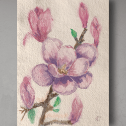 Magnolia watercolor art orange flower artwork floral Painting 5 by 7 