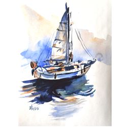 Sailboat Painting Original Watercolor Yacht Art Seascape Artwork by Olivkan