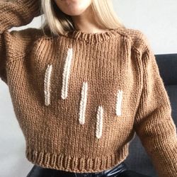 Chunky knit sweater cropped Embroidery Oversized sweater handknit Brown cardigan Woman knitwear handknit sweater