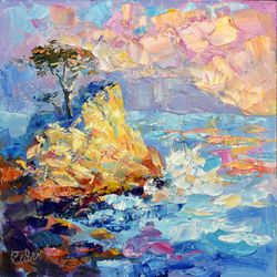 Sunset Painting Seascape Original Art Impressionism Impasto Artwork Marine Coastal
