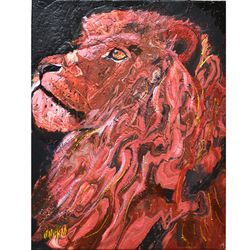 Lion King Painting Animal Oil Original Art Red King Lion Artwork Oil Art