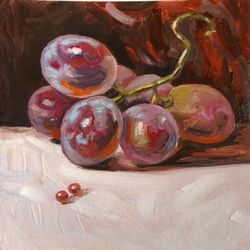 Grape original oil painting handmade wall art food still life 6 by 6 inches